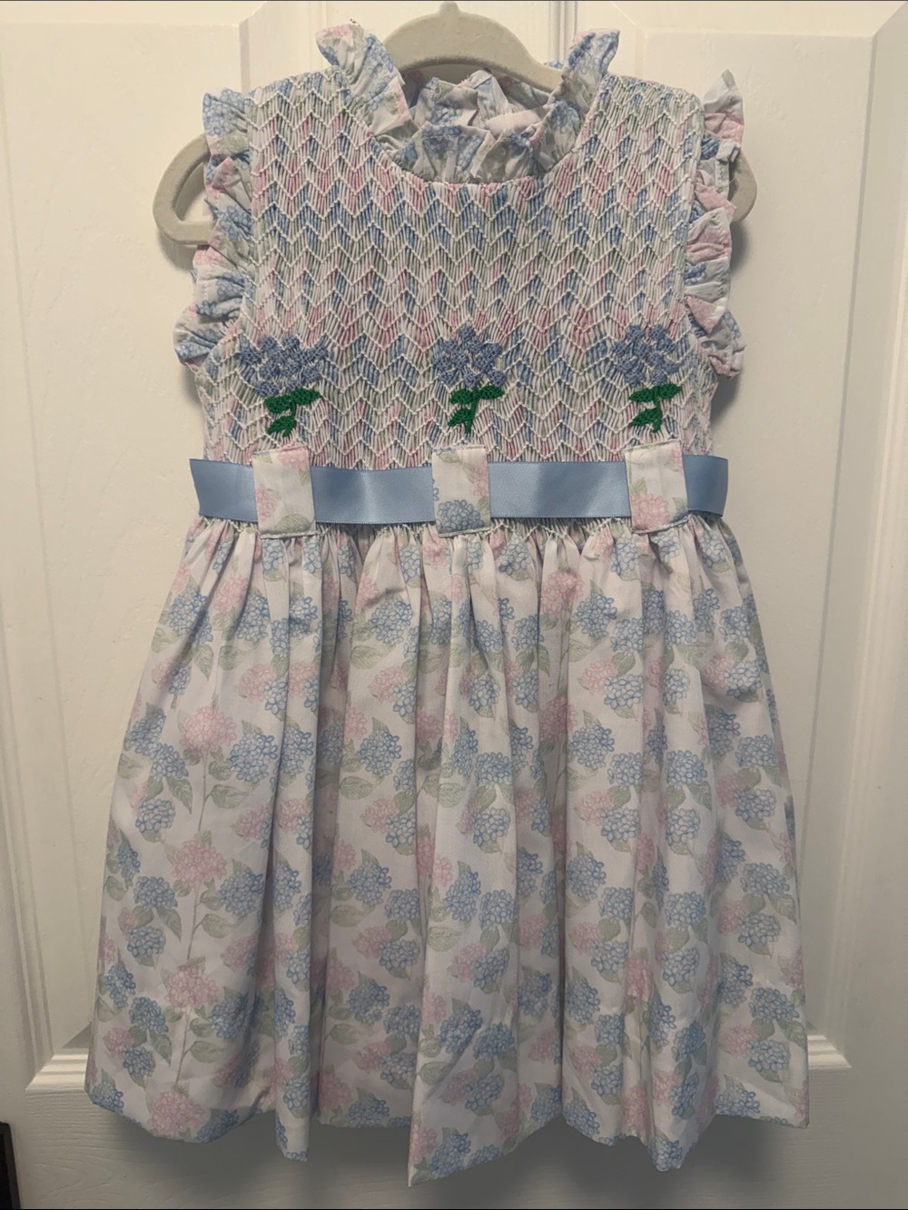 Smocked Floral Ribbon-Trim Girls Dress in Blue and Pink